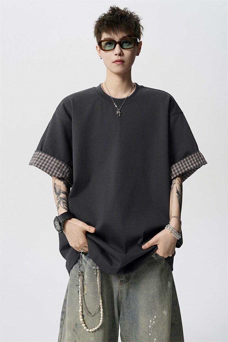 8XL-M格子翻边设计短袖tee男同款文艺休闲T恤上衣半截袖男DX342,男装T恤,电商D206-1