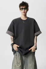 8XL-M格子翻边设计短袖tee男同款文艺休闲T恤上衣半截袖男DX342，男装T恤，电商D206-1