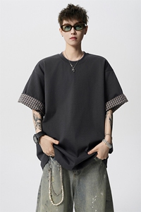 8XL-M 格子翻边设计短袖tee男同款文艺休闲T恤上衣半截袖男DX342图片
