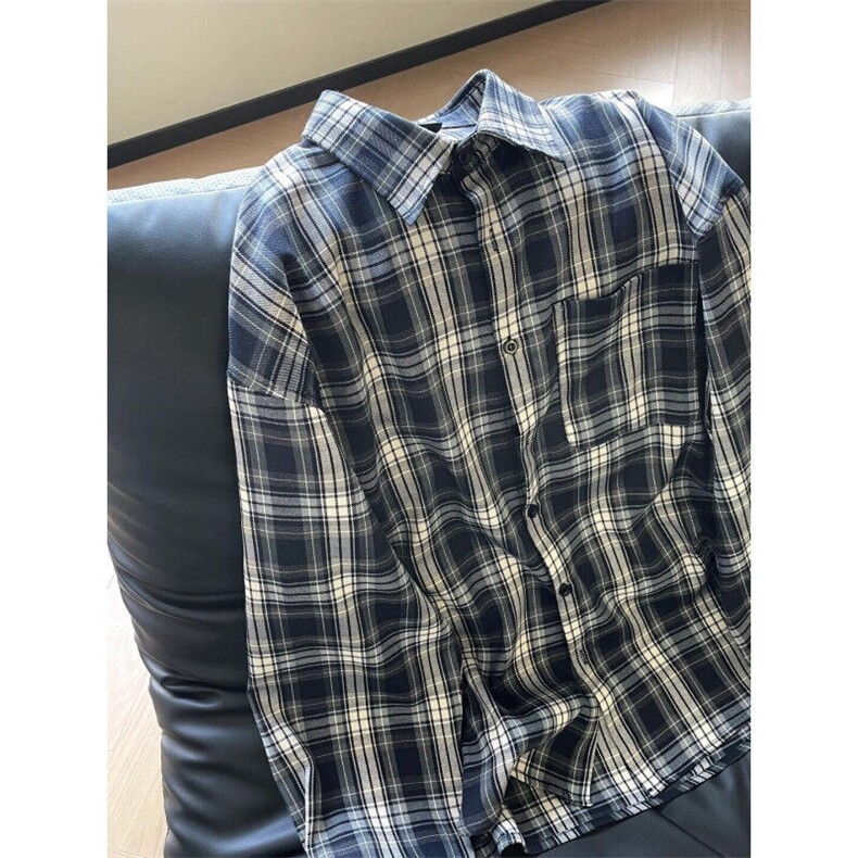 藏蓝色格子衬衫男长袖美式复古格纹衬衣高级感cleanfit情侣装外套,男装衬衫,星座1007（原301D）