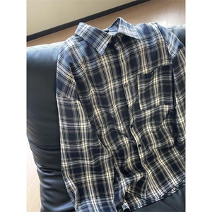藏蓝色格子衬衫男长袖美式复古格纹衬衣高级感cleanfit情侣装外套图片