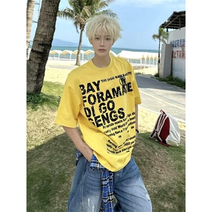 网图现货夏季新款亮黄色字母印花圆领短袖T恤中性2702-P29图片