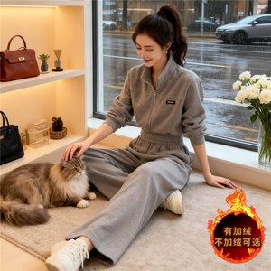 休闲运动套装女秋冬款韩版宽松显瘦双头拉链开衫外套阔腿裤两件套图片