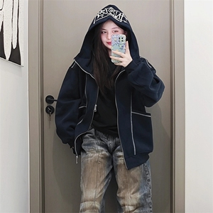 抖音得物高品质秋冬美式高街重磅结构辑明线纹理连帽卫衣外套W111