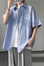 8XL-M条纹短袖衬衫男夏季宽松慵懒风痞帅大码衬衣外套DC28001P40，男装衬衫，电商B312