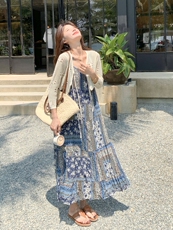 海边度假碎花吊带连衣裙女2025夏季新款超好看镂空开衫长裙，女装连衣裙，2C032