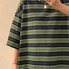 春夏新款复古撞色简约休闲百搭条纹短袖T圆领宽松男女同款，男装T恤，星座506A