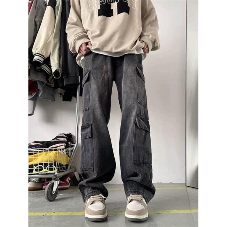 日系工装牛仔裤男春秋新款水洗做旧阔腿裤美式复古宽松休闲长裤子,男装牛仔裤,星座613