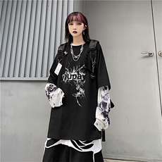 潮流创意嘻哈火焰印花宽松假两件扎染袖长袖上衣，男装卫衣，星座716-2