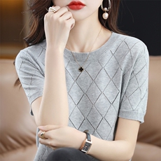 23夏季新款棉麻针织薄圆领短袖t恤女镂空半袖宽松百搭打底衫上衣，女装针织衫/毛衣，秋双羊绒