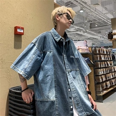 vibe高街拼色牛仔衬衫短袖男夏季美式潮牌高街半袖衬衣N4721-p55，男装T恤，星座1008-1