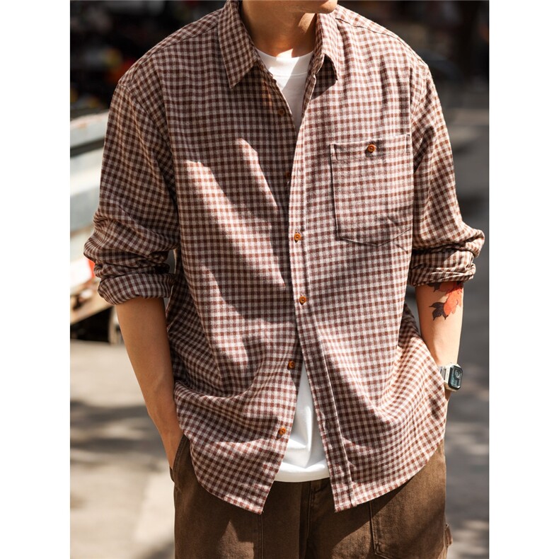 2025年复古小格子衬衫男女春季口袋高级感长袖衬衣外套情侣休闲，男装衬衫，星座506A