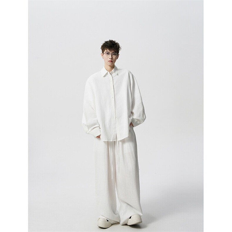 8XL-M麻天丝套装慵懒宽松衬衫抽绳阔腿裤夏季薄款防晒衣男TZ111,男装衬衫,电商D206-1