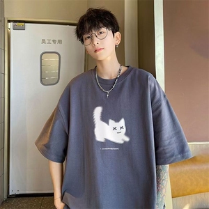 100%纯棉美式新款小个子慵懒风小猫印花五分袖男短袖t恤宽松ins潮图片