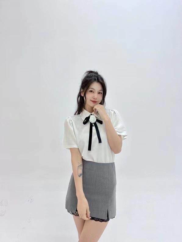 灰色蕾丝蝴蝶结半裙，女装半身裙，HE