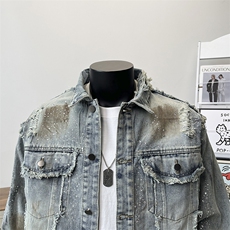 得物品质秋款男牛仔夹克衫流苏扎染涂鸦烫钻宽松外套JK8903P95，男装工装外套，星座1013-1