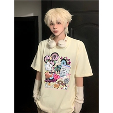 抖音得物供货210克现货宽松纯棉美式潮牌印花落肩袖纯棉T恤AT2143，男装T恤，电商A443