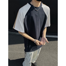 抖音得物二开品质240克宽松纯棉美式高街撞色织带短袖T恤YQ44，男装T恤，电商A486-1