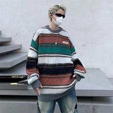 日系宽松慵懒风毛衣春秋季条纹针织衫宽松情侣线衣外套MY222/P40，男装针织衫/毛衣，星座506
