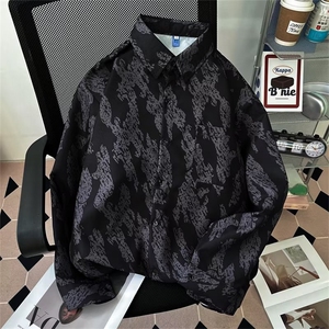春装港风chic宽松上衣服潮百搭衬衫简约小众印花衬衣男 W7244-P28图片