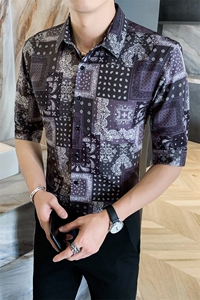 312A-102-P55 2025新款韩版修身帅气花衬衫英伦时尚男士衬衣A图片