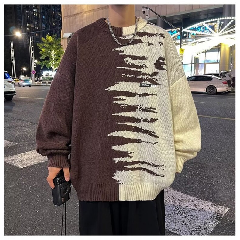 毛衣男秋冬拼接撞色针织衫日系复古宽松慵懒休闲外套MY7022-P45,男装针织衫/毛衣,星座308B-1
