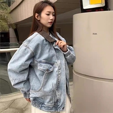 美式复古水洗做旧拼接翻领牛仔外套女2025早春浅蓝色夹克上衣，男装工装外套，星座1210-1