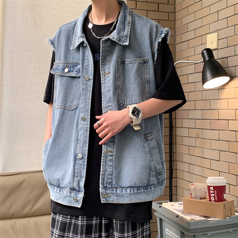 牛仔马甲男潮流宽松休闲情侣外套潮牌设计感毛边坎肩背心B802-P50图片