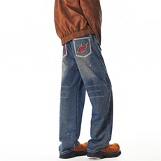 B221美式ins高街暗黑喷墨刺绣宽松直筒牛仔裤LK24345-P65控88，男装牛仔裤，电商B221