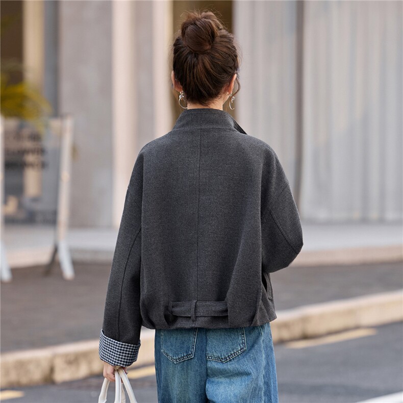 格纹拼接袖休闲立领短款外套女2025秋冬新款宽松百搭显瘦气质上衣,女装短外套,罗腾