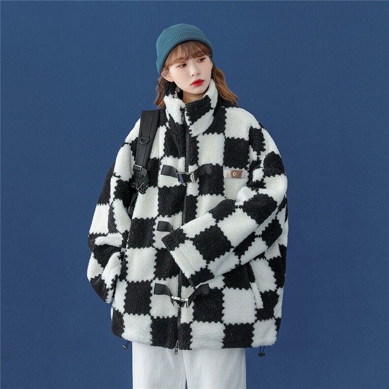 1中性风冬季情侣羊羔毛棉衣女棉服女棋盘格宽松外套女MY7535P135图片