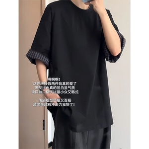 夏季纯棉撞色格子翻边设计短袖tee男女同款文艺时尚休闲T恤 TX01图片