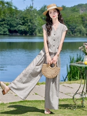 现货2026年夏季时尚简约大方气质优雅V领收腰显瘦两件套裤套装女，女装套装/套裙，众宇琦
