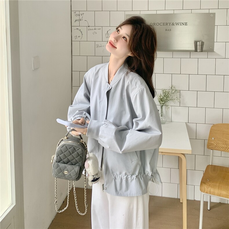 设计感抽绳收腰百搭棒球服夹克上衣女春新款小个子休闲显瘦短外套,女装短外套,2C159