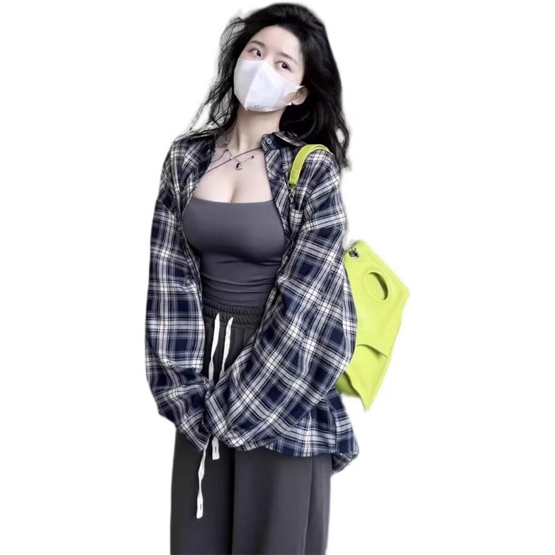 现货秋季复古格子衬衫女外套开衫设计感宽松小个子上衣LC011-P35,男装衬衫,星座1008