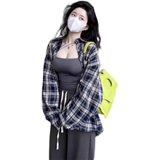 现货秋季复古格子衬衫女外套开衫设计感宽松小个子上衣LC011-P35，男装衬衫，星座1008