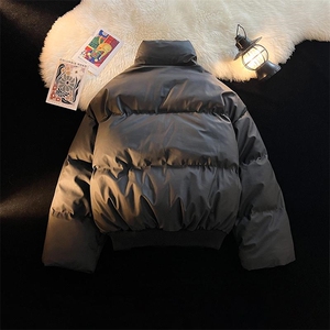 现货5W件冬季三防重磅硬挺boxy短款羽绒立领PU皮棉衣外套加厚棉服图片
