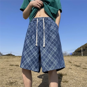 提花菱形格牛仔短裤男韩版潮牌帅2023夏季新款ins五分裤RK232-P41图片