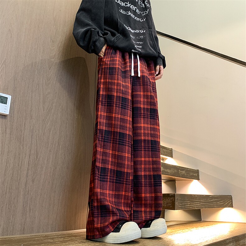 秋冬新款红色格子阔腿裤高腰直筒宽松休闲裤225-2-20833-P45,男装休闲裤,星座225-2