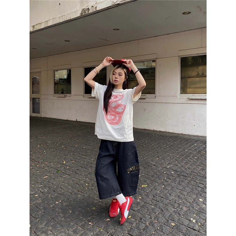 美式街头豹纹牛仔七分裤男女2025夏季宽松阔腿弯刀裤DA6130-P50,男装牛仔裤,星座208-5