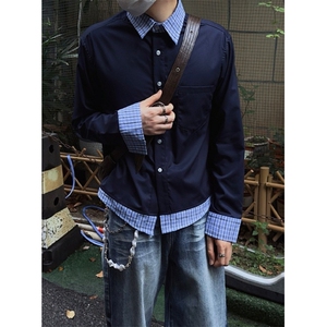 藏蓝格纹假两件拼接衬衫长袖上衣cleanfit休闲系休闲男 THJ94图片