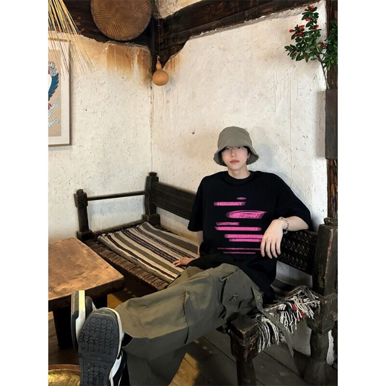 圆领纯棉上衣短袖T恤男2025夏季新款美式宽松休闲五分袖体恤衫潮,男装T恤,星座506A