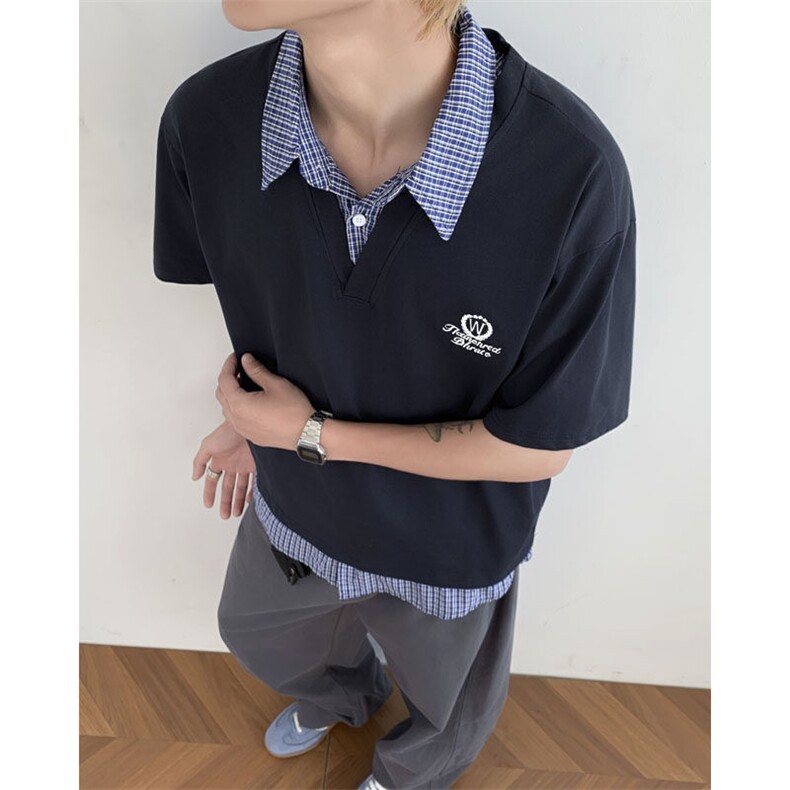 假两件短袖男格子拼接polo衫t恤翻领复古宽松休闲上衣,男装T恤,星座410-6（原星座1304-1）