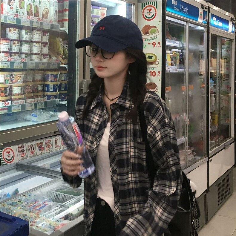 TC621-P45复古长袖格子衬衫女设计感宽松小众百搭翻领衬衣,女装衬衫,星座617A-2