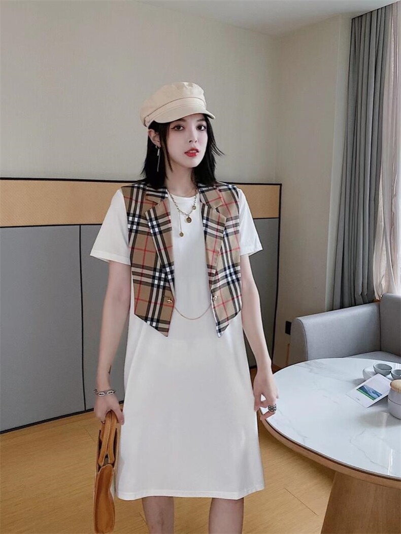 ［爱美欧］夏季新款格子批肩两件套显瘦连衣裙，女装连衣裙，爱美欧