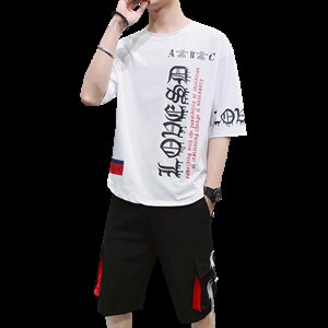 夏季新款短袖T恤套装青少年运动休闲宽松潮流两件套男装F178P70图片