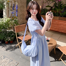 蓝色绝美漂亮泡泡袖连衣裙女2025年夏季新款法式温柔甜美收腰长裙，女装连衣裙，2C306