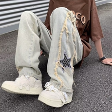 星星刺绣做旧牛仔裤男款春秋季美式高街设计感宽松阔腿休闲长裤子，男装牛仔裤，星座1008