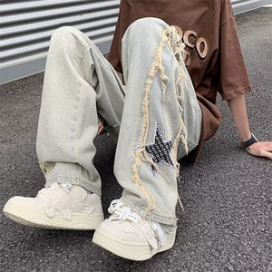 星星刺绣做旧牛仔裤男款春秋季美式高街设计感宽松阔腿休闲长裤子图片