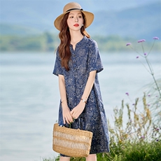 现货2025年夏季文艺复古优雅印花中长款妈妈连衣裙，女装连衣裙，依恋蒂丝